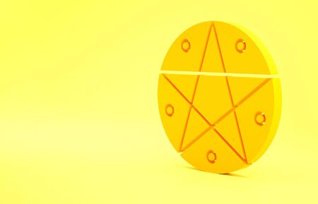 Yellow Pentagram in a circle icon isolated on yellow background. Magic occult star symbol. Minimalism concept. 3d illustration 3D renderの写真素材