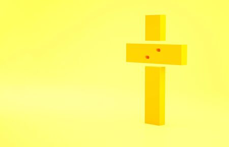 Yellow Christian cross icon isolated on yellow background. Church cross. Minimalism concept. 3d illustration 3D renderの写真素材