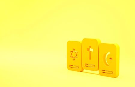 Yellow Three tarot cards icon isolated on yellow background. Magic occult set of tarot cards. Minimalism concept. 3d illustration 3D renderの写真素材