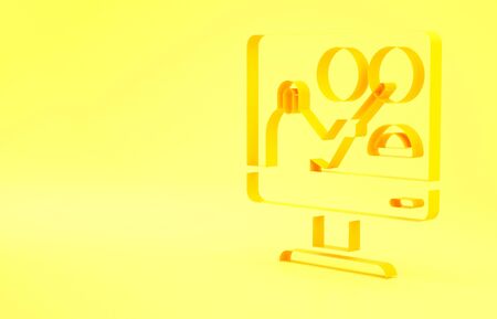 Yellow Online education and graduation icon isolated on yellow background. Online teacher on monitor. Webinar and video seminar learning. Minimalism concept. 3d illustration 3D render.の写真素材