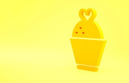 Yellow Wedding cake with heart icon isolated on yellow background. Minimalism concept. 3d illustration 3D render.の写真素材