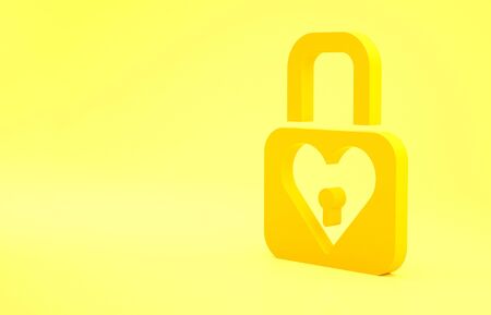Yellow Lock and heart icon isolated on yellow background. Locked Heart. Love symbol and keyhole sign. Valentines day symbol. Minimalism concept. 3d illustration 3D renderの写真素材