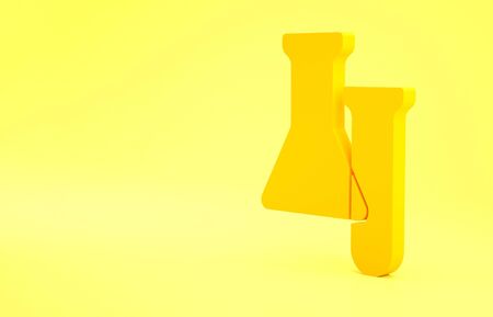 Yellow Test tube and flask icon isolated on yellow background. Chemical laboratory test. Laboratory glassware. Minimalism concept. 3d illustration 3D renderの写真素材