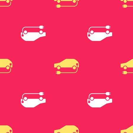 Yellow Electric car and electrical cable plug charging icon isolated seamless pattern on red background. Renewable eco technologies. Vector Illustrationのイラスト素材