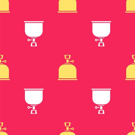 Yellow Camping gas stove icon isolated seamless pattern on red background. Portable gas burner. Hiking, camping equipment. Vector Illustrationのイラスト素材