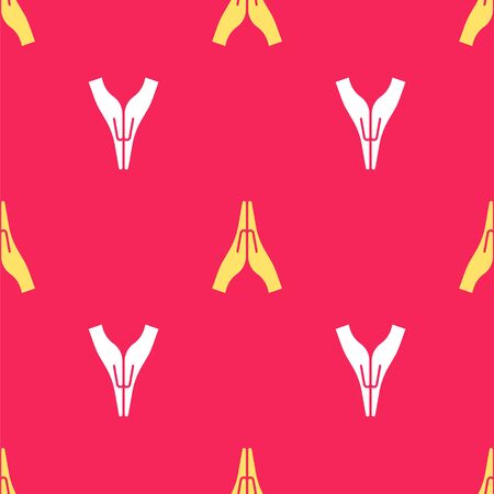 Yellow Hands in praying position icon isolated seamless pattern on red background. Prayer to god with faith and hope. Vector Illustrationのイラスト素材