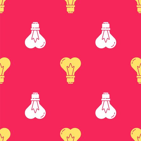 Yellow Heart shape in a light bulb icon isolated seamless pattern on red background. Love symbol. 8 March. International Happy Women Day. Vector Illustrationのイラスト素材