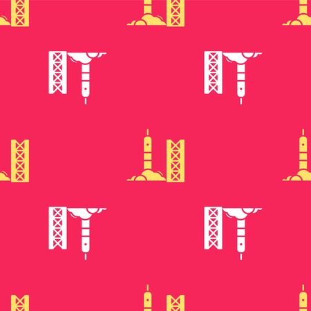 Yellow Rocket launch from the spaceport icon isolated seamless pattern on red background. Launch rocket in space. Vector Illustrationのイラスト素材