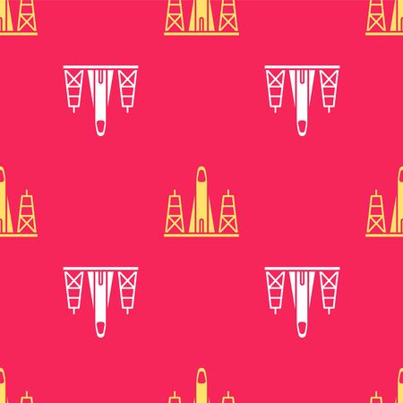 Yellow Rocket launch from the spaceport icon isolated seamless pattern on red background. Launch rocket in space. Vector Illustrationのイラスト素材
