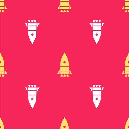Yellow Rocket ship icon isolated seamless pattern on red background. Space travel. Vector Illustrationのイラスト素材