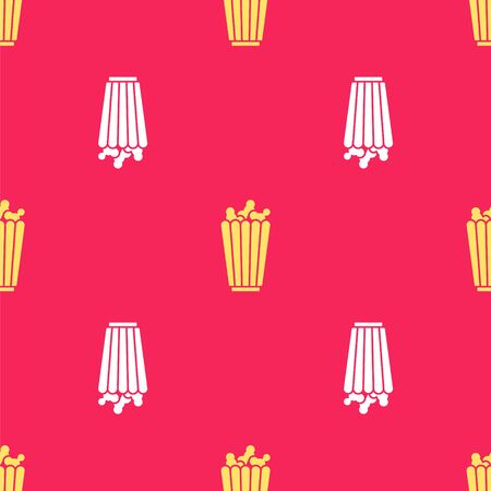 Yellow Popcorn in cardboard box icon isolated seamless pattern on red background. Popcorn bucket box. Vector Illustration.のイラスト素材