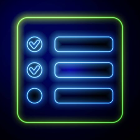 Glowing neon Task list icon isolated on blue background. Control list symbol. Survey poll or questionnaire feedback form. Vector Illustration.のイラスト素材