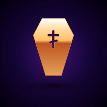 Gold Coffin with christian cross icon isolated on black background. Happy Halloween party. Vector.のイラスト素材