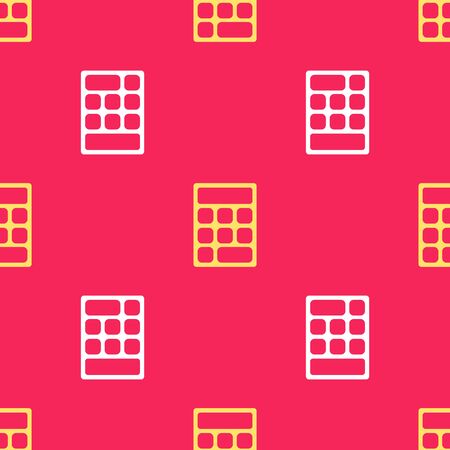 Yellow Calculator icon isolated seamless pattern on red background. Accounting symbol. Business calculations mathematics education and finance. Vector Illustration.のイラスト素材