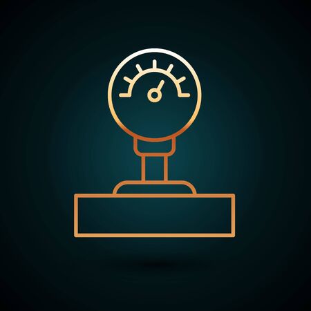 Gold line Gauge scale icon isolated on dark blue background. Satisfaction, temperature, manometer, risk, rating, performance, speed tachometer.  Vector Illustration.のイラスト素材