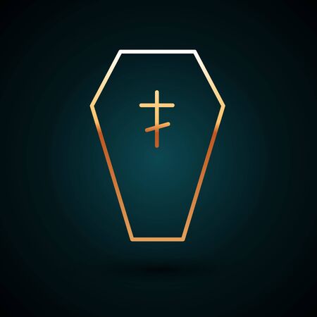 Gold line Coffin with christian cross icon isolated on dark blue background. Happy Halloween party. Vector.のイラスト素材