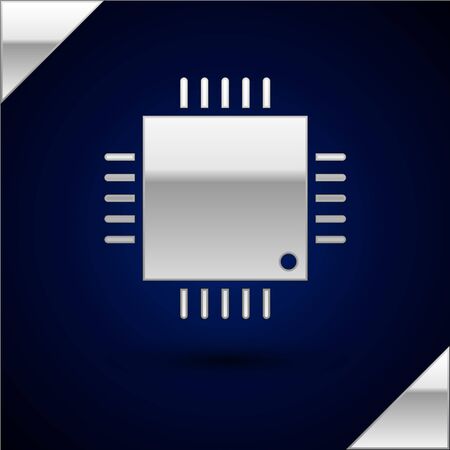 Silver Computer processor with microcircuits CPU icon isolated on dark blue background. Chip or cpu with circuit board sign. Micro processor. Vector Illustration.のイラスト素材