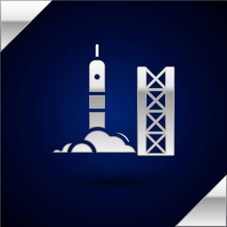 Silver Rocket launch from the spaceport icon isolated on dark blue background. Launch rocket in space. Vector Illustration.のイラスト素材