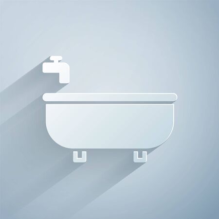 Paper cut Bathtub icon isolated on grey background. Paper art style. Vector Illustration.のイラスト素材