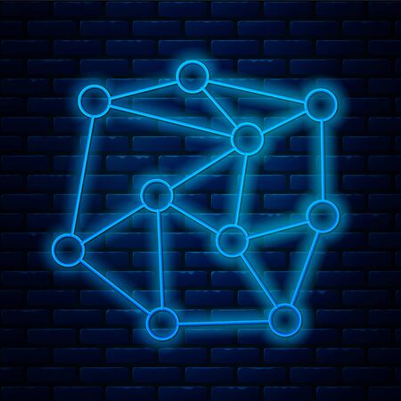 Glowing neon line Neural network icon isolated on brick wall background. Artificial Intelligence.  Vector Illustration.のイラスト素材