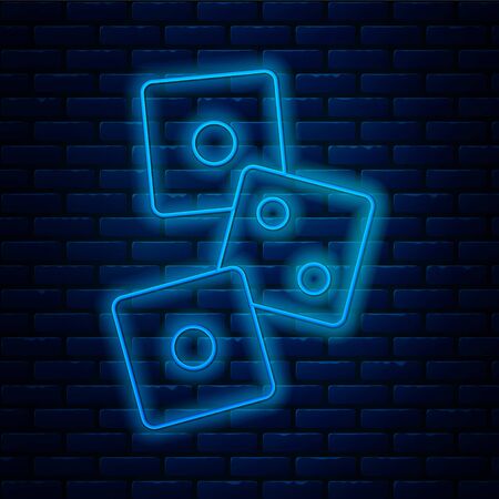 Glowing neon line Game dice icon isolated on brick wall background. Casino gambling. Vector Illustration.のイラスト素材