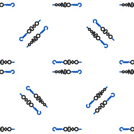 Line Grilled shish kebab on skewer stick icon isolated seamless pattern on white background. Meat kebab on skewer stick. Picnic with grilled meat. Colorful outline concept. Vector.のイラスト素材