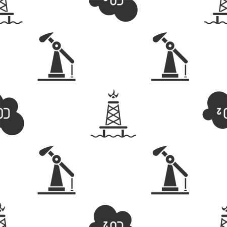 Set CO2 emissions in cloud, Oil rig with fire and Oil pump or pump jack on seamless pattern. Vector.のイラスト素材