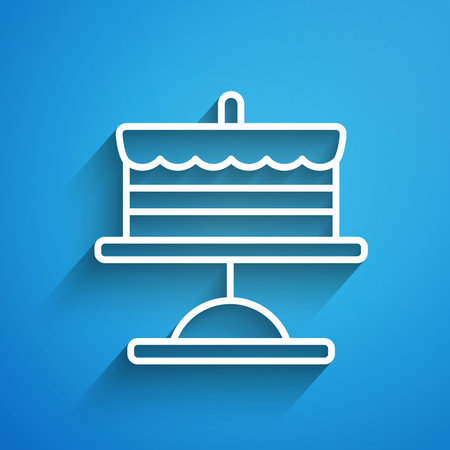 White line Cake on plate icon isolated on blue background. Happy Birthday. Long shadow. Vector.