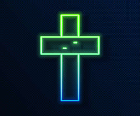 Glowing neon line Christian cross icon isolated on blue background. Church cross. Vector.のイラスト素材