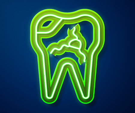 Glowing neon line Broken tooth icon isolated on blue background. Dental problem icon. Dental care...