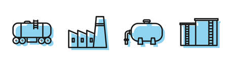 Set line Oil industrial factory building, Oil railway, Oil industrial factory building and Oil industrial factory building icon. Vector.のイラスト素材