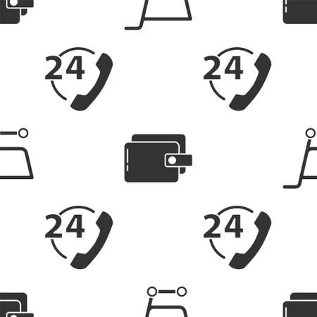 Set Shopping cart, Wallet and Telephone 24 hours support on seamless pattern. Vector.