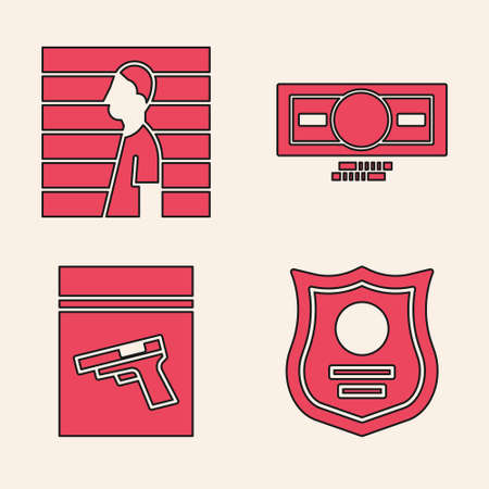 Set Police badge, Suspect criminal, Stacks paper money cash and Evidence bag and pistol or gun icon. Vector.のイラスト素材