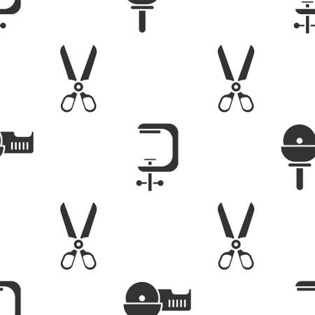 Set Angle grinder, Clamp and screw tool and Scissors on seamless pattern. Vector.のイラスト素材