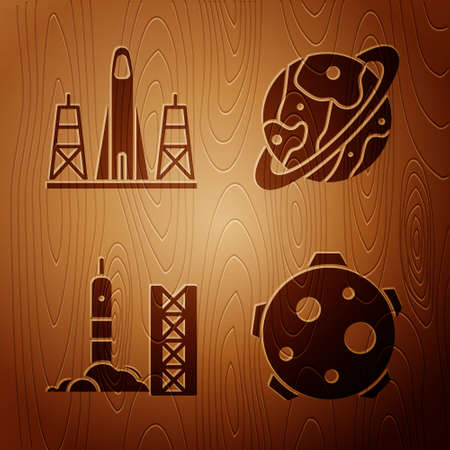 Set Planet, Rocket launch from the spaceport, Rocket launch from the spaceport and Planet Saturn on wooden background. Vectorのイラスト素材