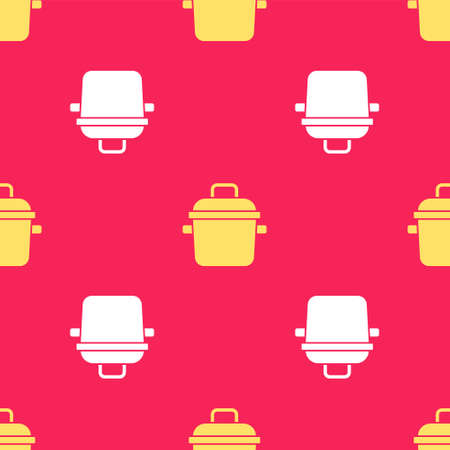 Yellow Cooking pot icon isolated seamless pattern on red background. Boil or stew food symbol. Vector.のイラスト素材