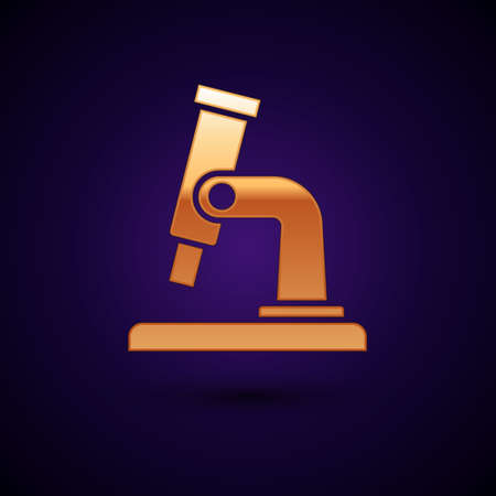 Gold Microscope icon isolated on black background. Chemistry, pharmaceutical instrument, microbiology magnifying tool. Vector.のイラスト素材