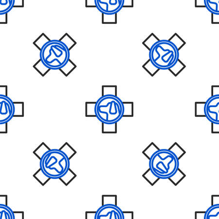 Line Veterinary clinic symbol icon isolated seamless pattern on white background. Cross with dog veterinary care. Pet First Aid sign. Colorful outline concept. Vector.のイラスト素材