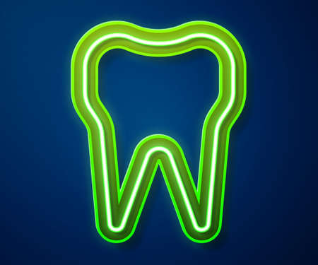 Glowing neon line Tooth icon isolated on blue background. Tooth symbol for dentistry clinic or dentist medical center and toothpaste package. Vector Illustration.のイラスト素材