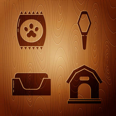 Set Dog house, Bag of food for pet, Pet bed and Pets vial medical on wooden background. Vector.のイラスト素材