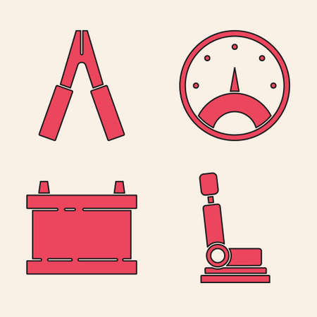 Set Car seat, Car battery jumper power cable, Speedometer and Car battery icon. Vector.のイラスト素材