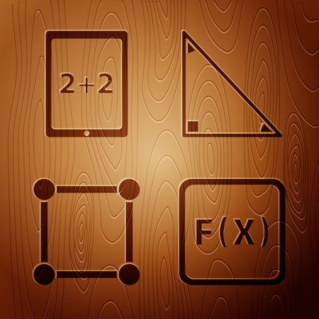 Set Function mathematical symbol, Tablet with calculator, Geometric figure Square and Triangle math...