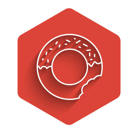White line Donut with sweet glaze icon isolated with long shadow. Red hexagon button. Vector.のイラスト素材