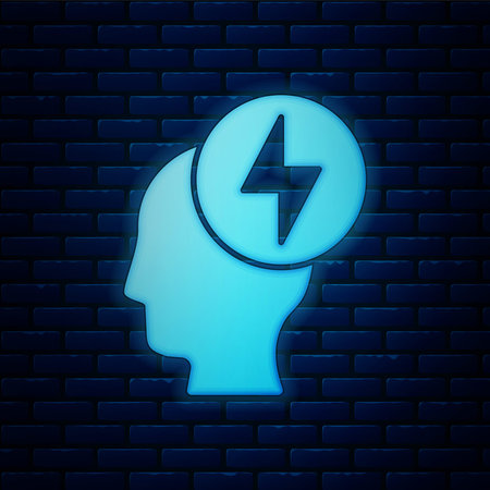 Glowing neon Human head and electric symbol icon isolated on brick wall background.  Vector.のイラスト素材
