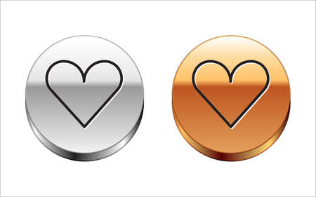 Black line Heart icon isolated on white background. Romantic symbol linked, join, passion and wedding. Valentine day symbol. Silver-gold circle button. Vector.のイラスト素材