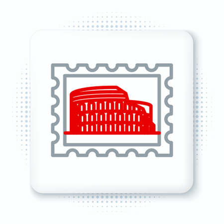 Line Postal stamp and Coliseum icon isolated on white background. Colosseum sign. Symbol of Ancient Rome, gladiator fights. Colorful outline concept. Vectorのイラスト素材
