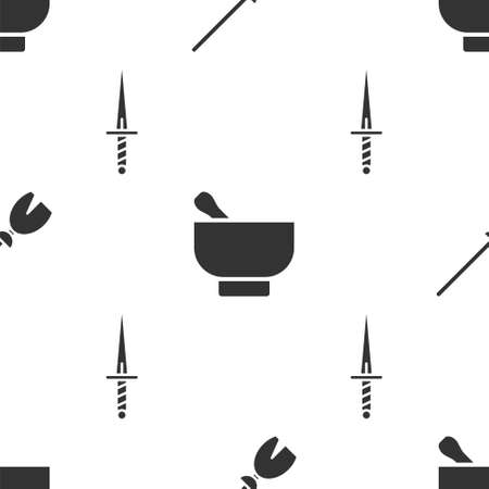 Set Witches broom, Magic mortar and pestle and Dagger on seamless pattern. Vectorのイラスト素材