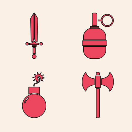 Set Medieval axe, Medieval sword, Hand grenade and Bomb ready to explode icon. Vectorのイラスト素材