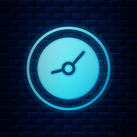Glowing neon Clock icon isolated on brick wall background. Time symbol. Vector Illustrationのイラスト素材