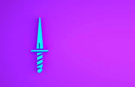 Blue Dagger icon isolated on purple background. Knife icon. Sword with sharp blade. Minimalism concept.の写真素材